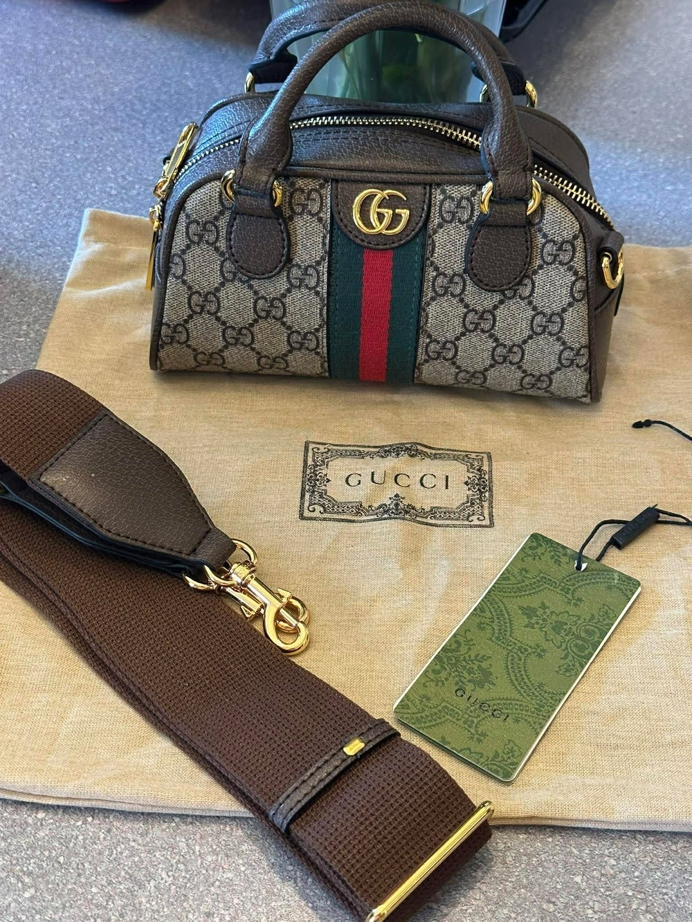 ♡♡♡ Mini Boston Bag with Web Stripe - Brown/Tan/Green/Red